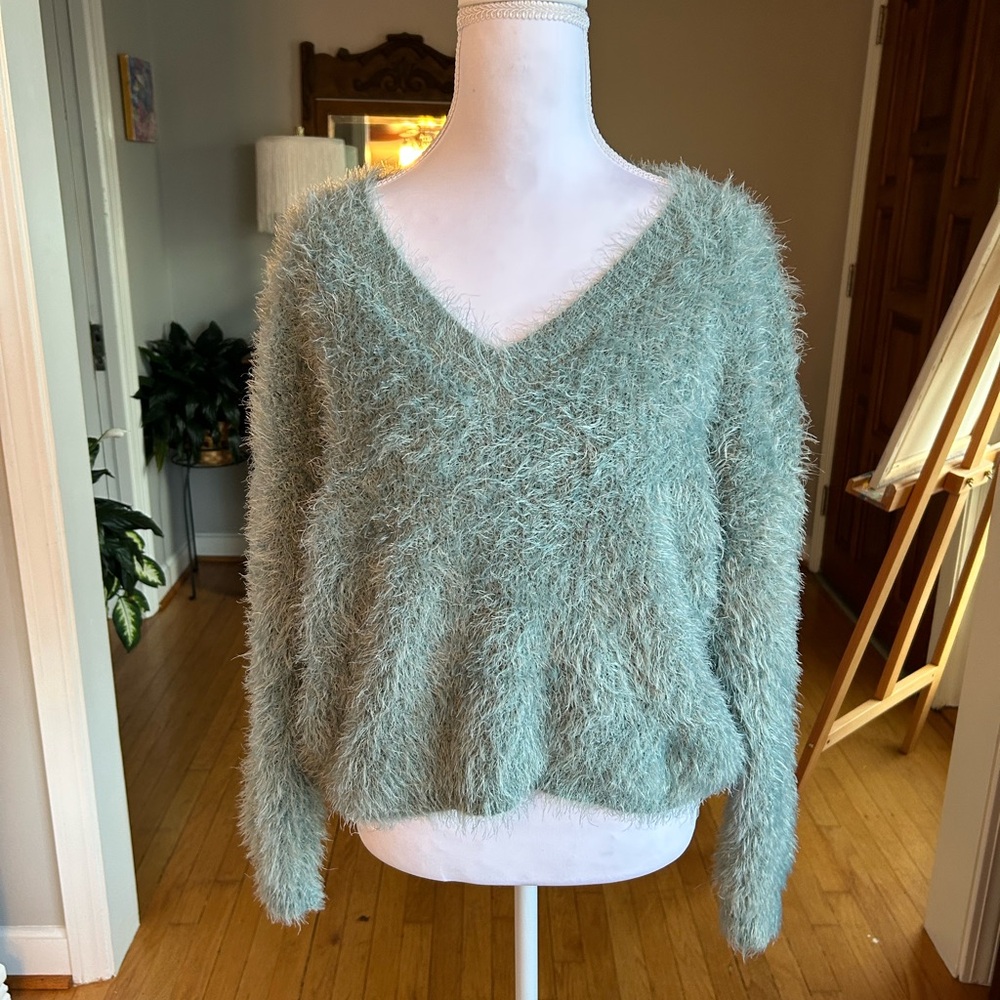 Pink Rose Fuzzy V-Neck Sweater in Soft Green